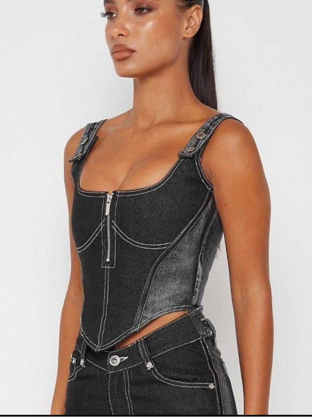 Manière De Voir Black Denim Corset Tank with Contrast Stitching
